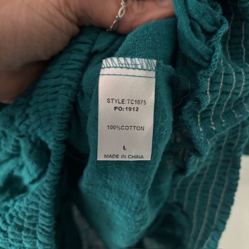 GiGiO USA Green Blue Peasant Top L Puff Sleeve Feminine Festival Flattering NWT - Picture 6 of 7